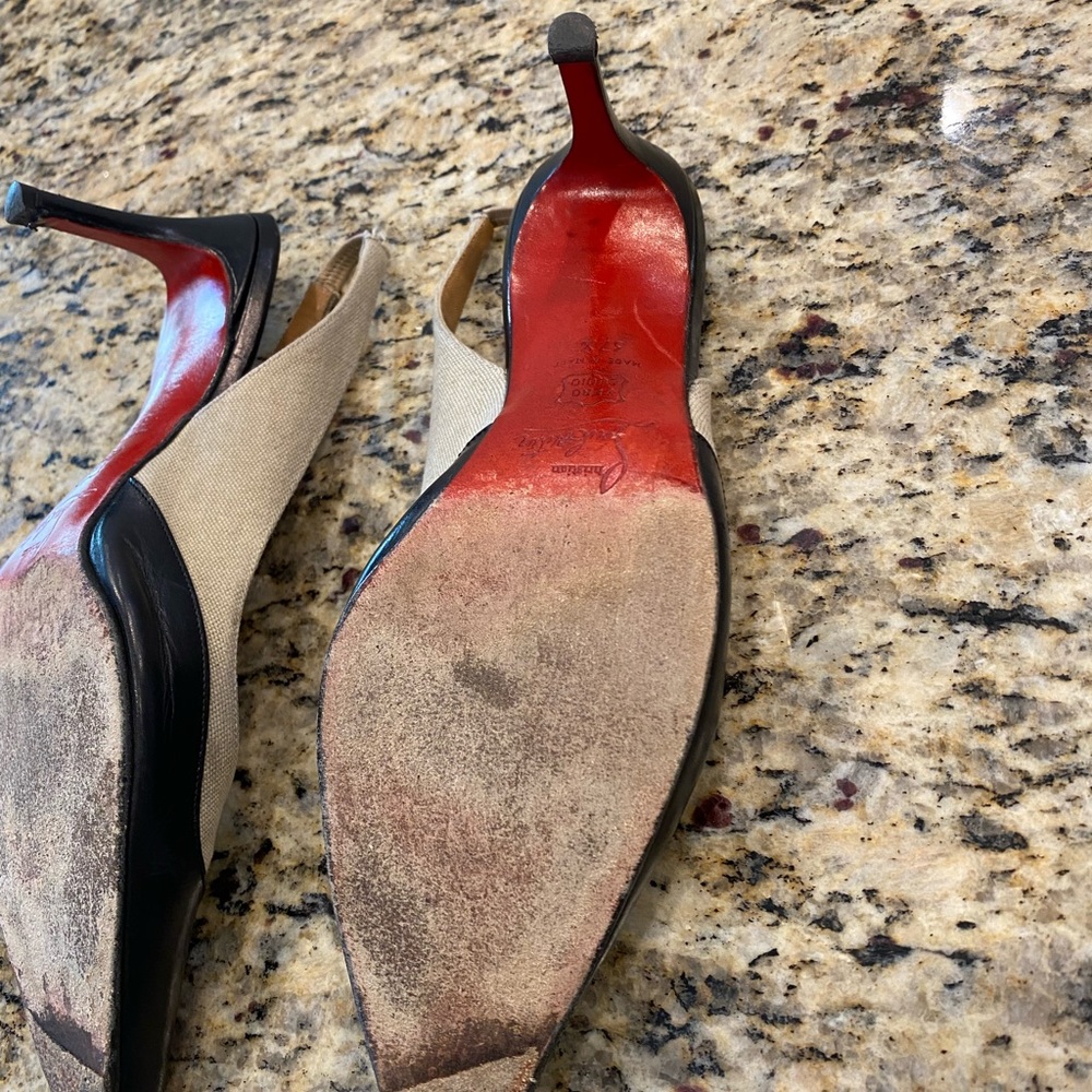 Christian Louboutin Tan and Black Slingback Heels, 37.5 Sophisticated!!! - Picture 12 of 13